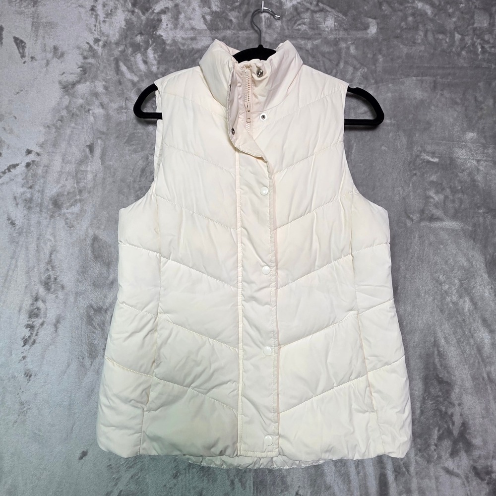 Gap Womens Puffer Vest Cream Off White Quilted Zip Snap Front Small RN54023